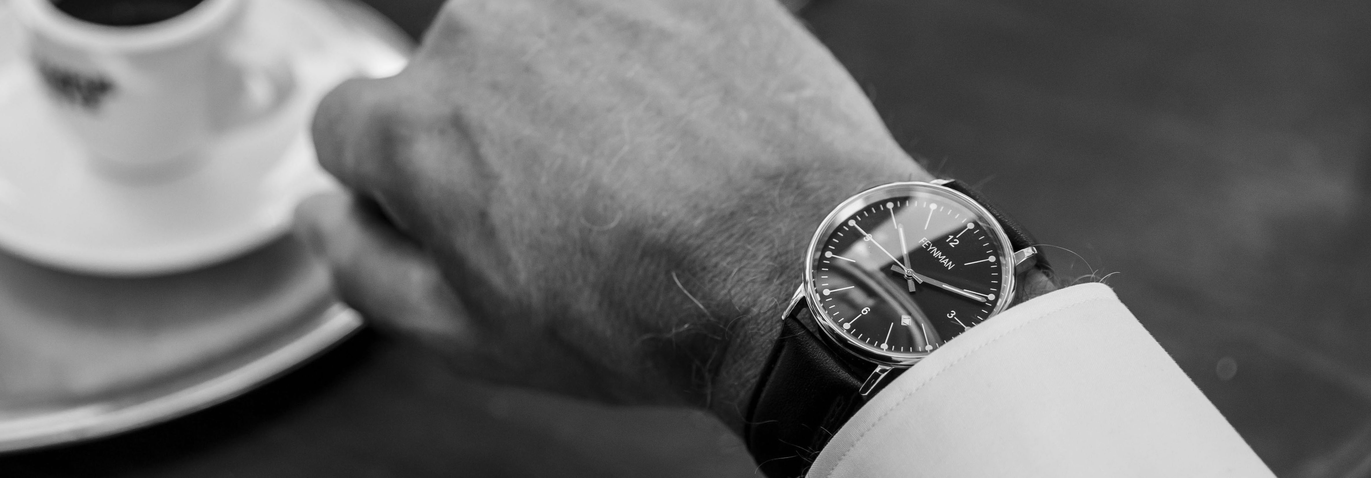 Photo of a hand wearing a Feynman CWII wristwatch